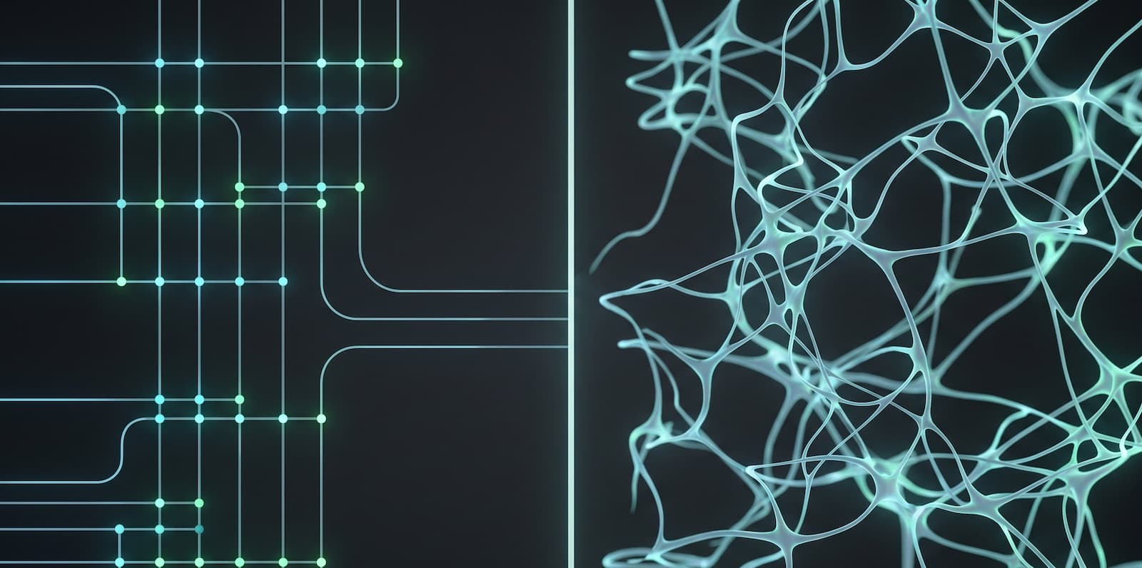 A visual comparison of structured automation pipelines on the left and an adaptive AI neural network on the right, separated by a centre line