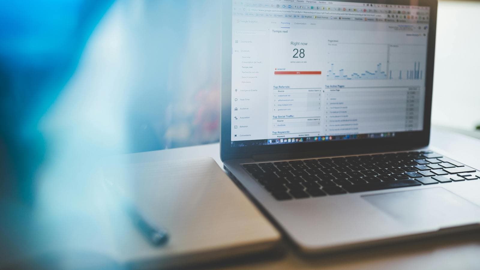 A laptop displaying a Google Analytics real-time dashboard showing active users, top referral sources, and keyword performance data