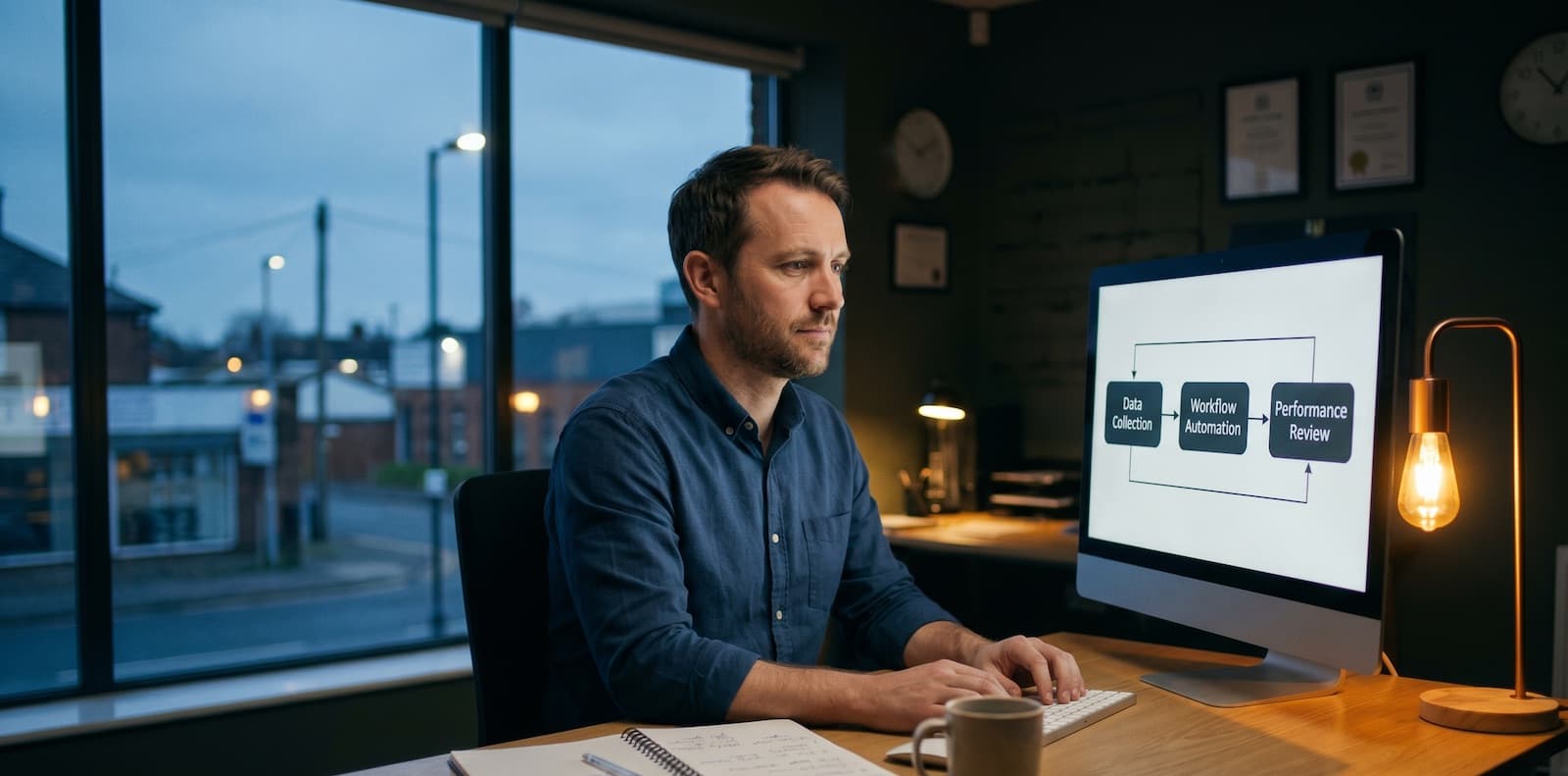 A business owner reviews an AI process workflow on a monitor in a dim office, planning implementation step by step