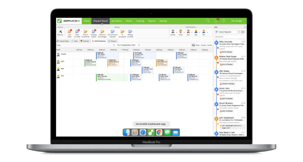 ServiceM8 desktop web dashboard showing the full job management interface