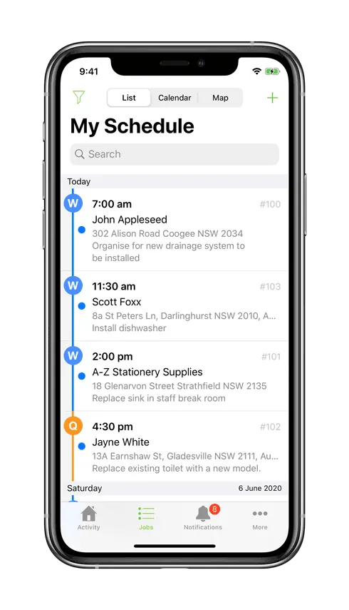 ServiceM8 engineer schedule showing job dispatch and automated client communication