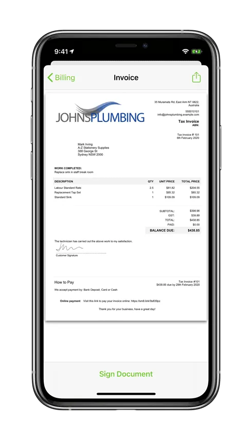 ServiceM8 invoicing screen showing completed job ready to send