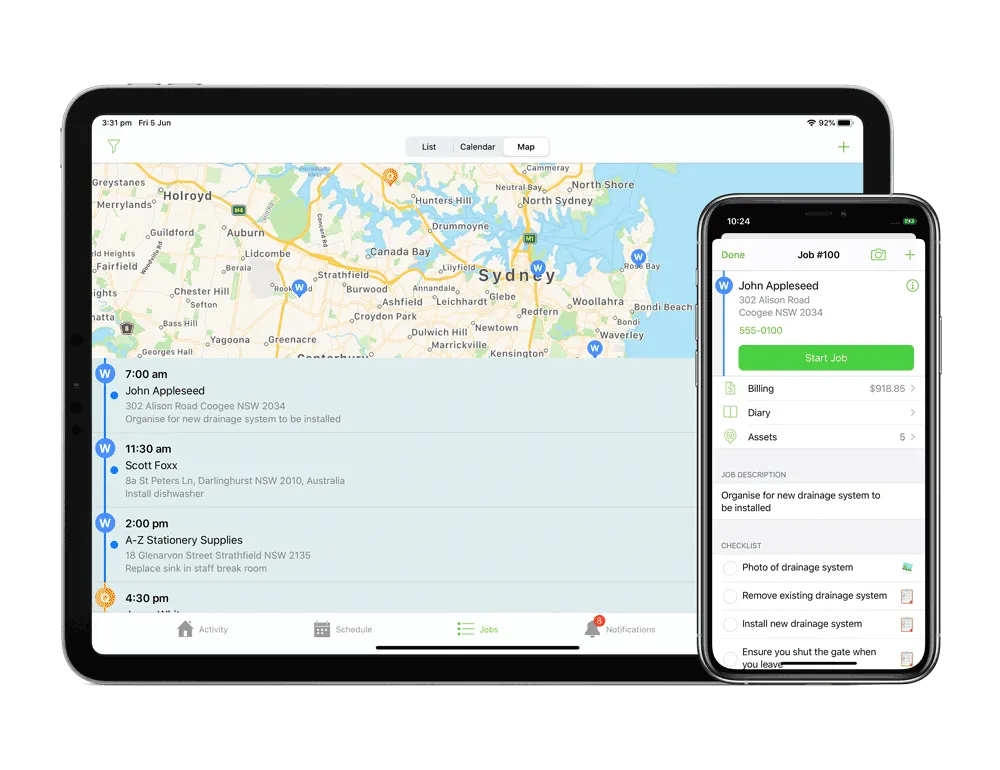 ServiceM8 map view showing field engineers and job locations on iOS
