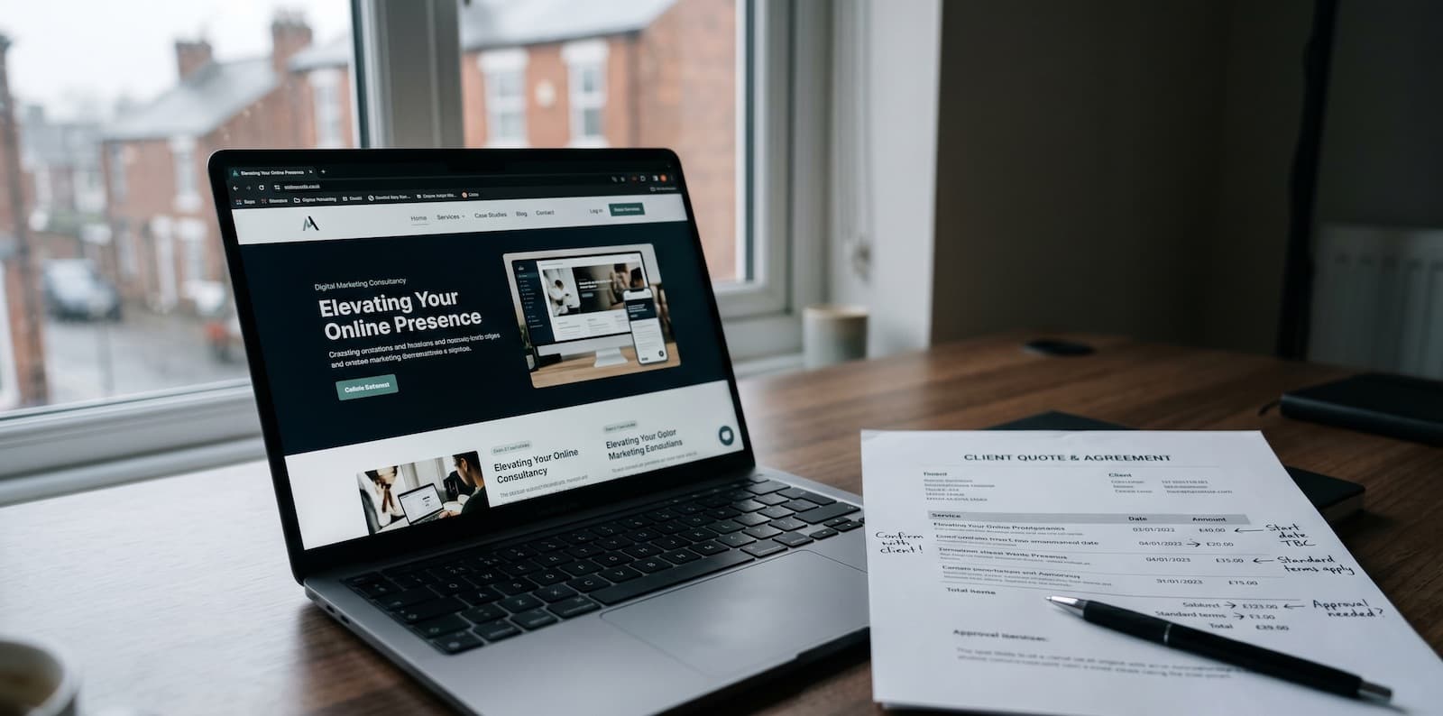 A laptop displaying a small business website beside a printed website quote on a desk, illustrating UK website pricing in 2026