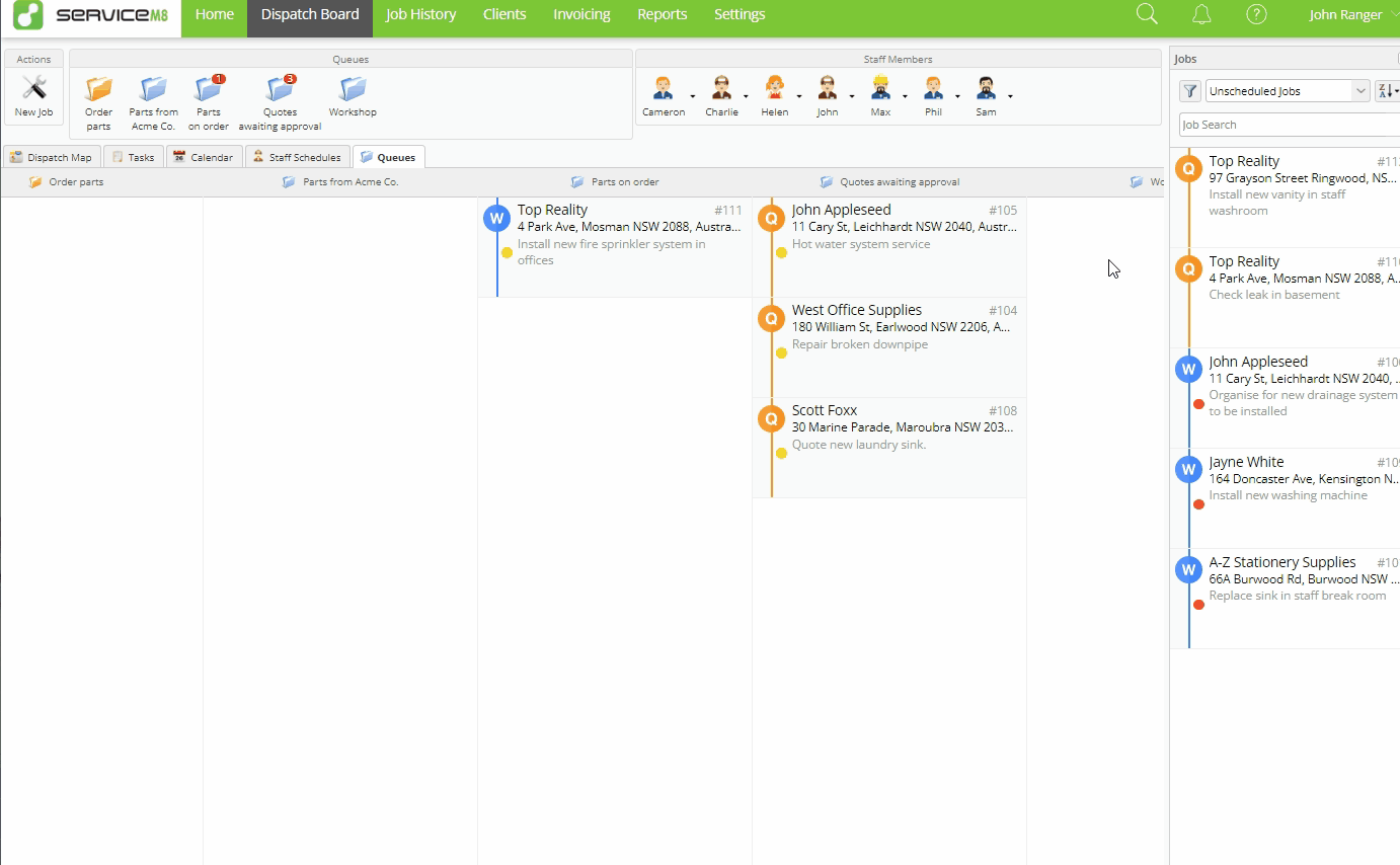 ServiceM8 job queues showing Work, Quote, Invoice and Recurring queues